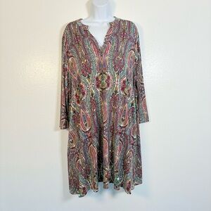 Honeyme Multicolor Long Sleeve VNeck Paisley Tunic Dress SzXL